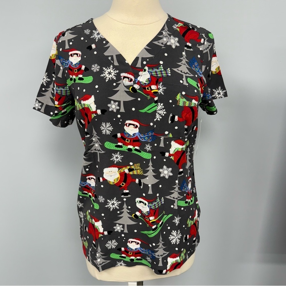NWT Buttersoft Christmas Holiday  Scrub Top S Santa Winter Sports Gray Scrubs